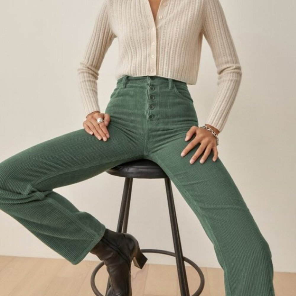 Reformation Cynthia Button Fly High Rise Straight Corduroy Pants Moss